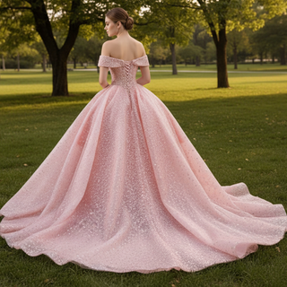 Sparkly Pink Quinceanera Dress Formal Gown with Off the Shoulder