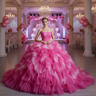 Basque Waist Ruffled Wedding Gown Detachable Overskirt Quinceanera Dress