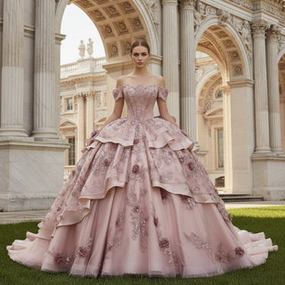 Pink Wedding Dress Tiered Bridal Gown Layered Ball Gown Quinceanera Dress