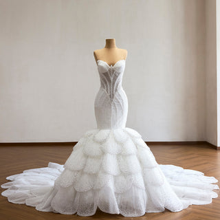 Plunge Sweetheart Pearl Beaded Mermaid Wedding Dress with Scalloped Petal Layers & 1.5-Meter Train
