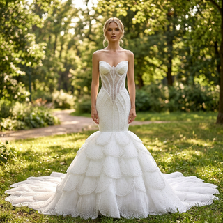 Plunge Sweetheart Pearl Beaded Mermaid Wedding Dress with Scalloped Petal Layers & 1.5-Meter Train
