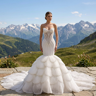 Plunge Sweetheart Pearl Beaded Mermaid Wedding Dress with Scalloped Petal Layers & 1.5-Meter Train