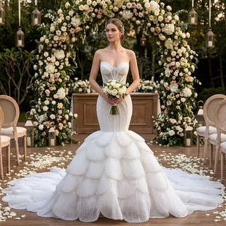 Plunge Sweetheart Pearl Beaded Mermaid Wedding Dress with Scalloped Petal Layers & 1.5-Meter Train