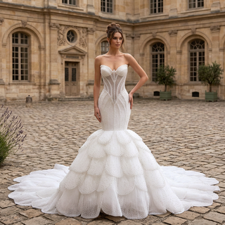 Plunge Sweetheart Pearl Beaded Mermaid Wedding Dress with Scalloped Petal Layers & 1.5-Meter Train