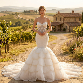 Plunge Sweetheart Pearl Beaded Mermaid Wedding Dress with Scalloped Petal Layers & 1.5-Meter Train