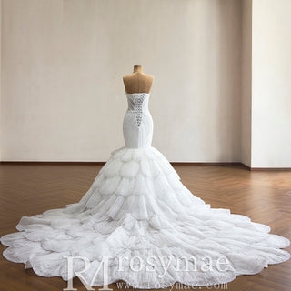 Plunge Sweetheart Pearl Beaded Mermaid Wedding Dress with Scalloped Petal Layers & 1.5-Meter Train