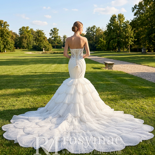 Plunge Sweetheart Pearl Beaded Mermaid Wedding Dress with Scalloped Petal Layers & 1.5-Meter Train