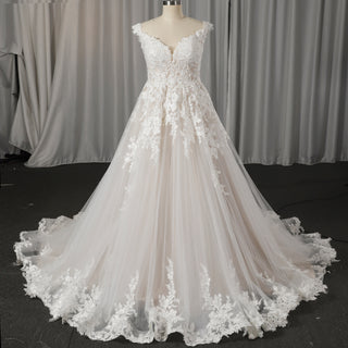 Classic A-Line Wedding Dress with Plunging Sweetheart Neckline & Cap Sleeves