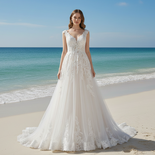 Classic A-Line Wedding Dress with Plunging Sweetheart Neckline & Cap Sleeves