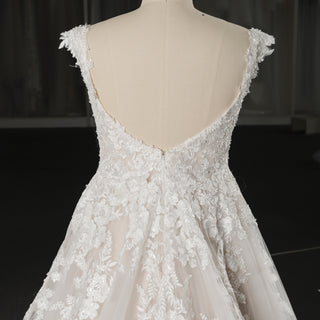 Classic A-Line Wedding Dress with Plunging Sweetheart Neckline & Cap Sleeves