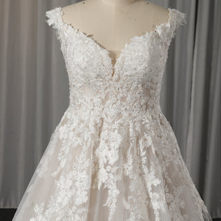 Classic A-Line Wedding Dress with Plunging Sweetheart Neckline & Cap Sleeves