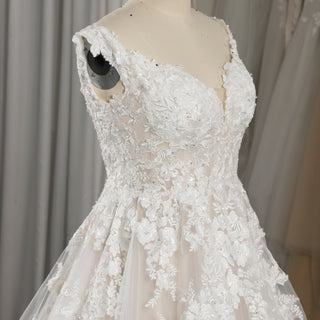 Classic A-Line Wedding Dress with Plunging Sweetheart Neckline & Cap Sleeves