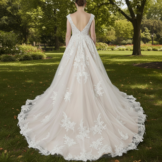 Classic A-Line Wedding Dress with Plunging Sweetheart Neckline & Cap Sleeves
