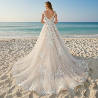 Classic A-Line Wedding Dress with Plunging Sweetheart Neckline & Cap Sleeves