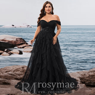 Plus Size Ruffled A Line Prom Gown Off The Shoulder Formal Party Dress