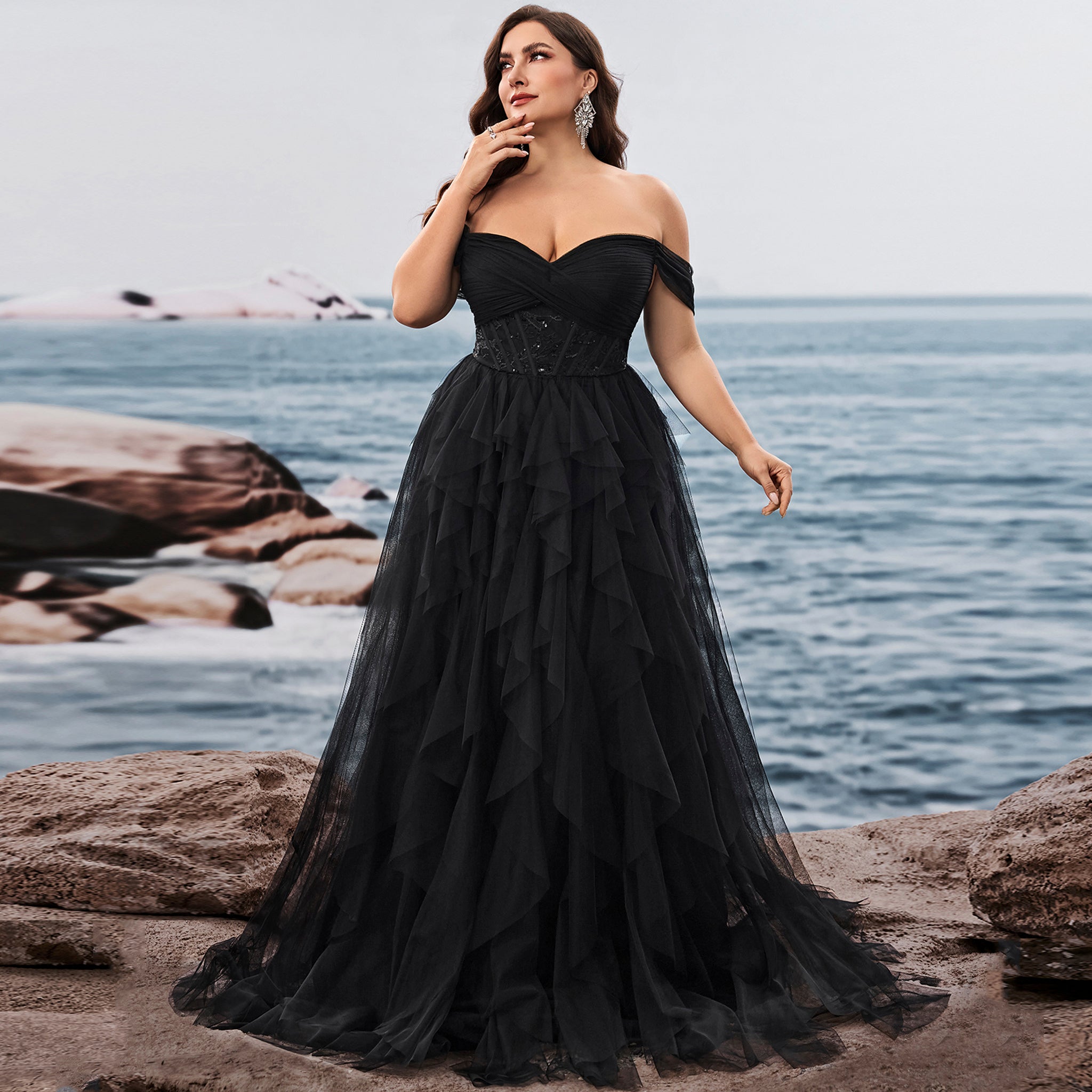 Plus Size Ruffled A Line Prom Gown Off The Shoulder Formal Party Dress Black / 4XL Plus Size Ruffled A Line Prom Gown Off The Shoulder Formal Party Dress Black / 4XL