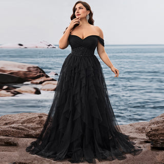 Plus Size Ruffled A Line Prom Gown Off The Shoulder Formal Party Dress