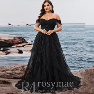 Plus Size Ruffled A Line Prom Gown Off The Shoulder Formal Party Dress