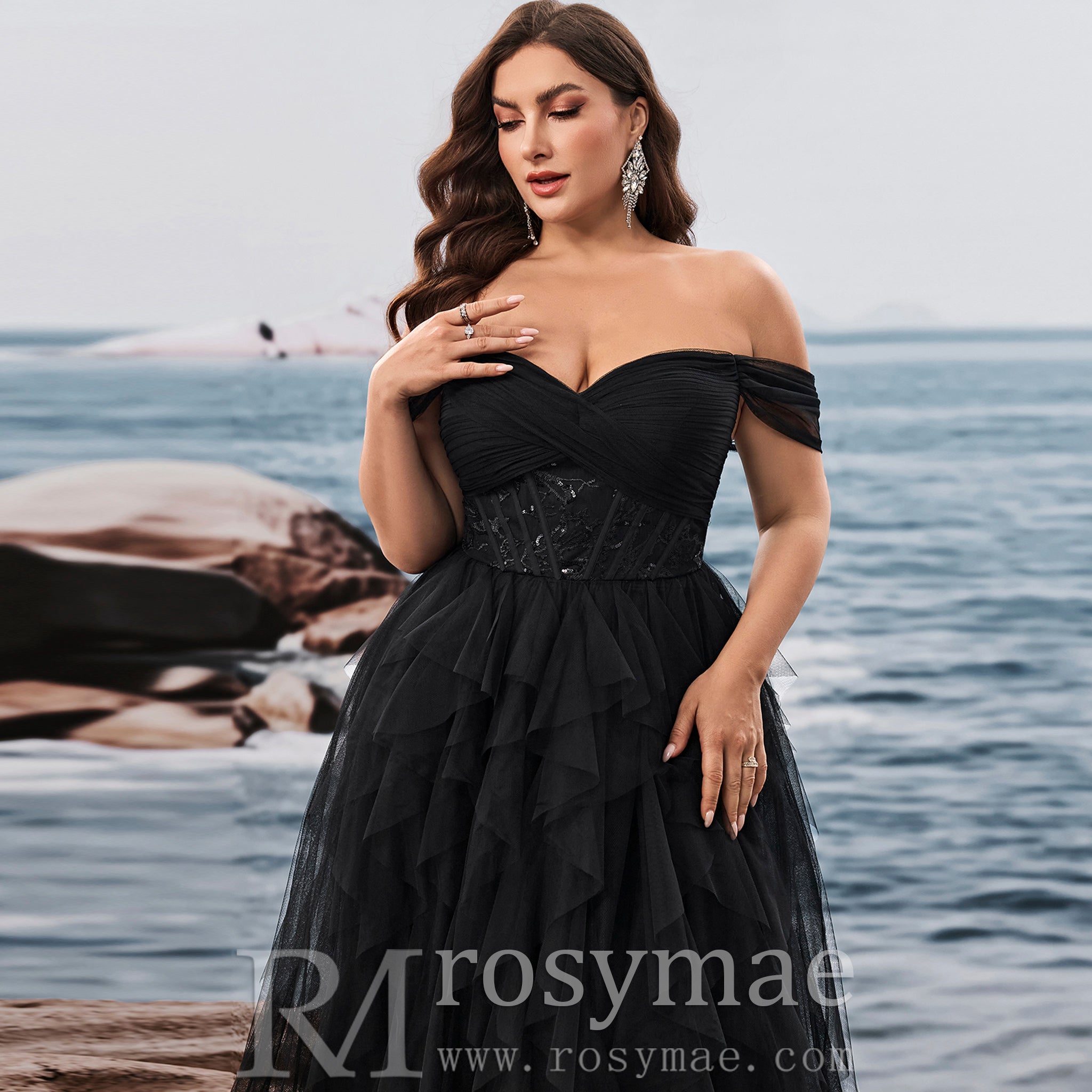 Plus Size Ruffled A Line Prom Gown Off The Shoulder Formal Party Dress Black / 4XL Plus Size Ruffled A Line Prom Gown Off The Shoulder Formal Party Dress Black / 4XL