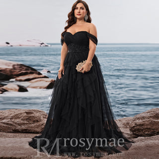 Plus Size Ruffled A Line Prom Gown Off The Shoulder Formal Party Dress