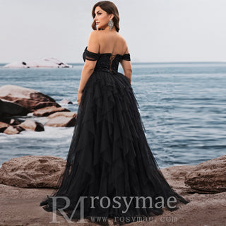 Plus Size Ruffled A Line Prom Gown Off The Shoulder Formal Party Dress