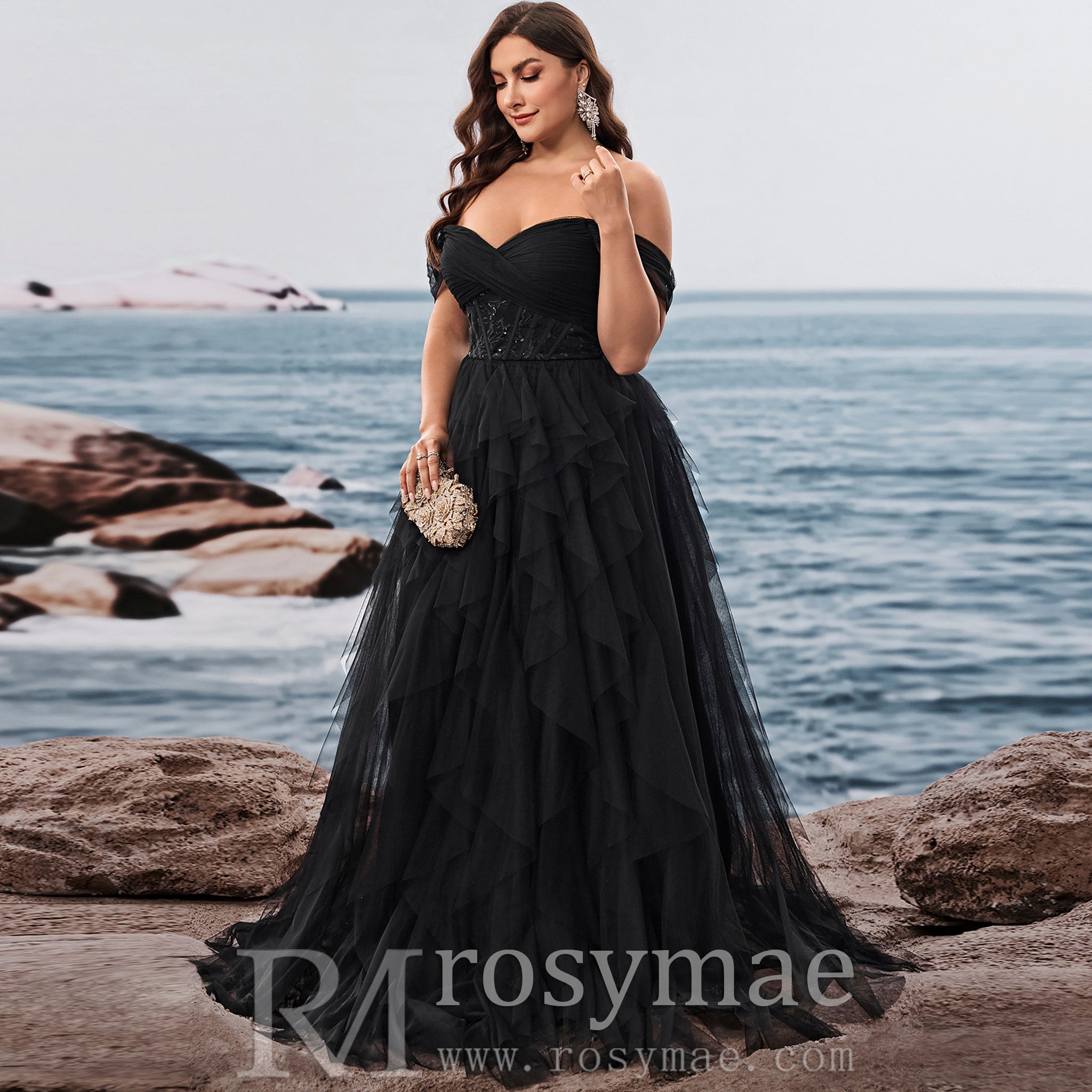 Plus Size Ruffled A Line Prom Gown Off The Shoulder Formal Party Dress Black / 4XL Plus Size Ruffled A Line Prom Gown Off The Shoulder Formal Party Dress Black / 4XL