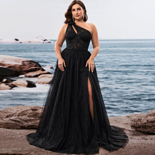 Plus Size Women's Elegant One Shoulder Chic Evening Gown with Leg Slit
