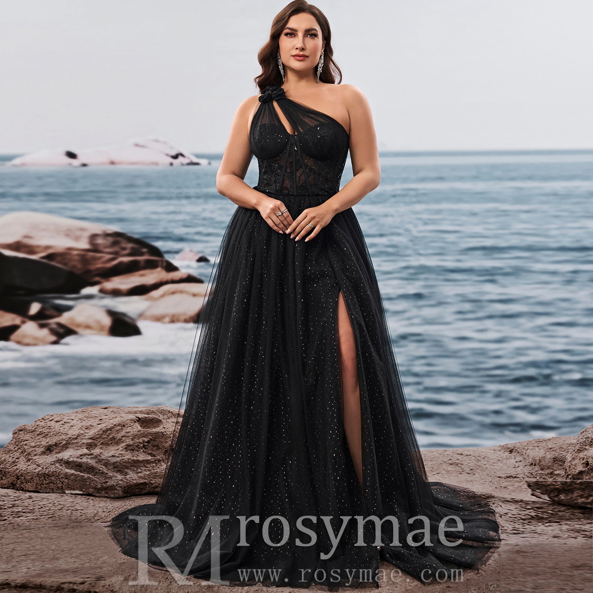 Plus Size Women's Elegant One Shoulder Chic Evening Gown with Leg Slit Black / 1XL Plus Size Women's Elegant One Shoulder Chic Evening Gown with Leg Slit Black / 1XL