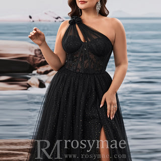 Plus Size Women's Elegant One Shoulder Chic Evening Gown with Leg Slit