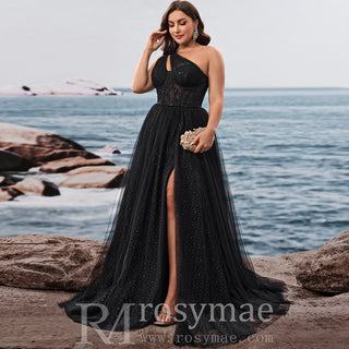 Plus Size Women's Elegant One Shoulder Chic Evening Gown with Leg Slit