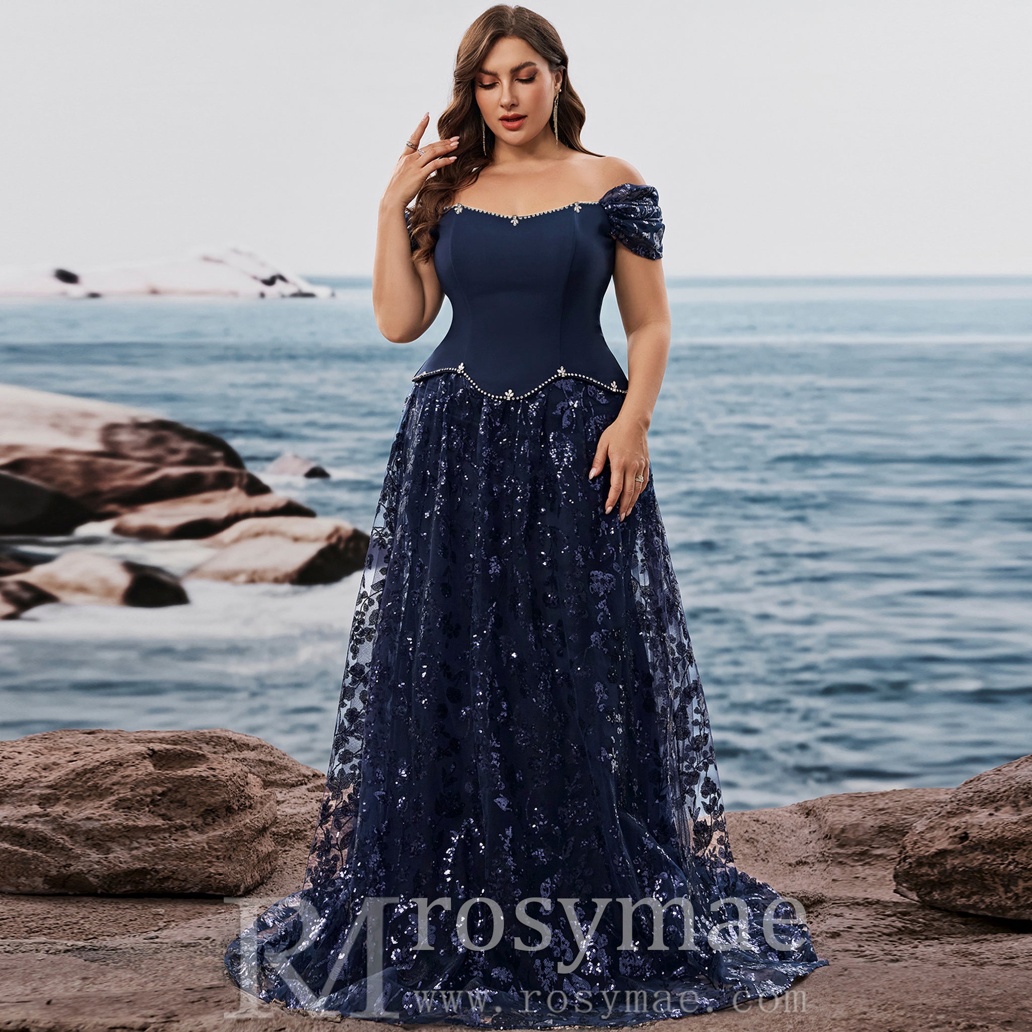 Plus Size Elegant Sequin Splicing Formal Evening Dress Women Party Gown Navy Blue / 3XL Plus Size Elegant Sequin Splicing Formal Evening Dress Women Party Gown Navy Blue / 3XL