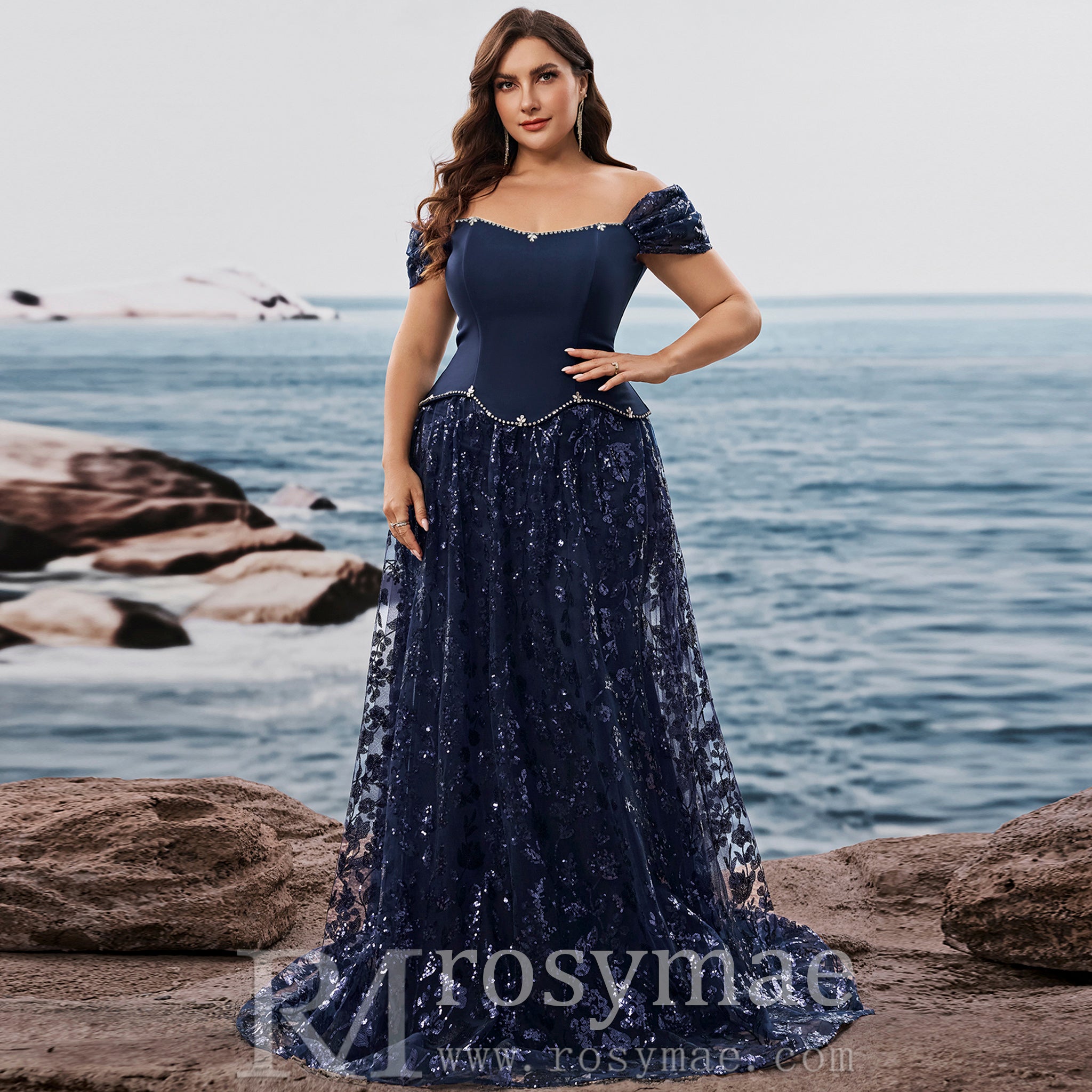 Plus Size Elegant Sequin Splicing Formal Evening Dress Women Party Gown Navy Blue / 3XL Plus Size Elegant Sequin Splicing Formal Evening Dress Women Party Gown Navy Blue / 3XL