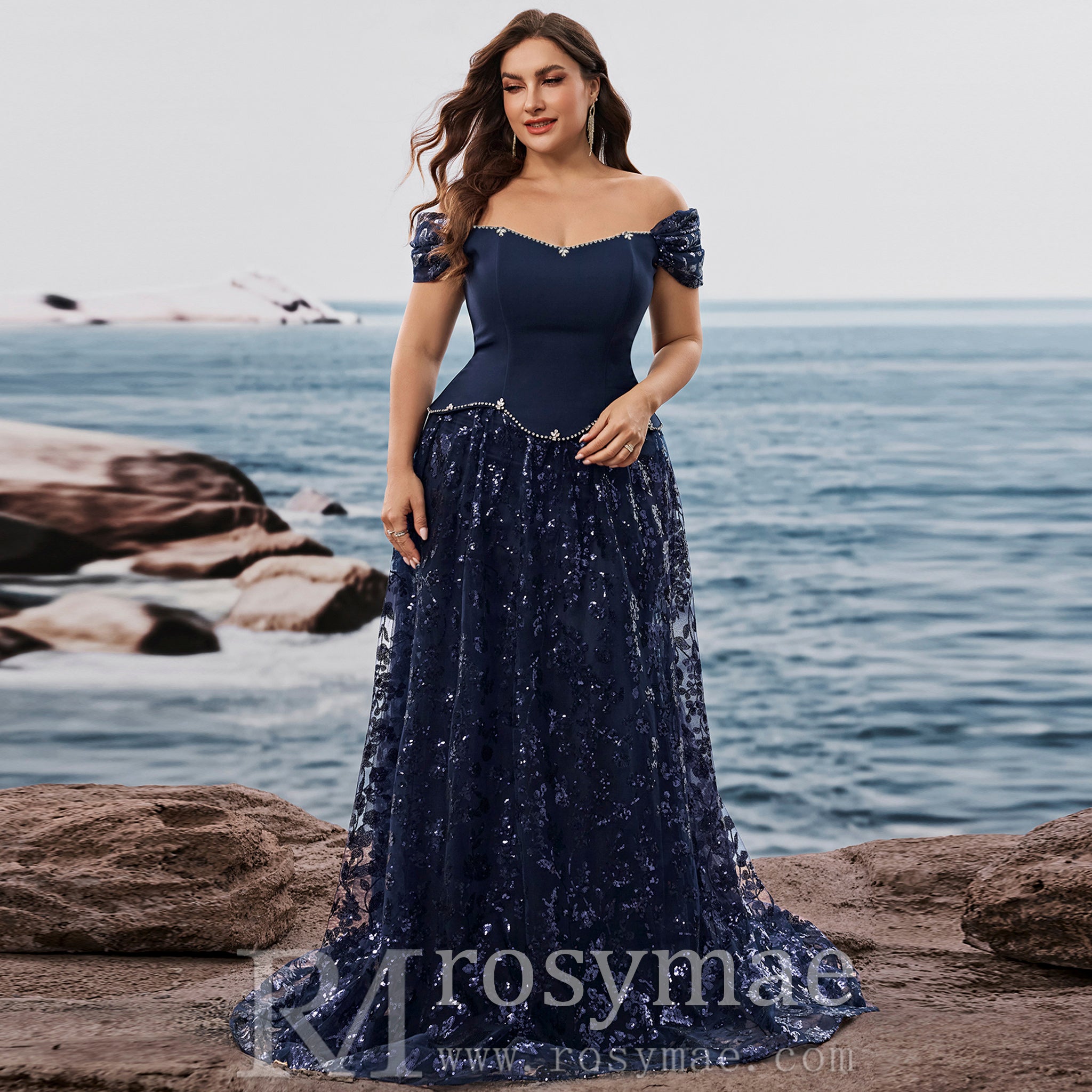 Plus Size Elegant Sequin Splicing Formal Evening Dress Women Party Gown Navy Blue / 3XL Plus Size Elegant Sequin Splicing Formal Evening Dress Women Party Gown Navy Blue / 3XL