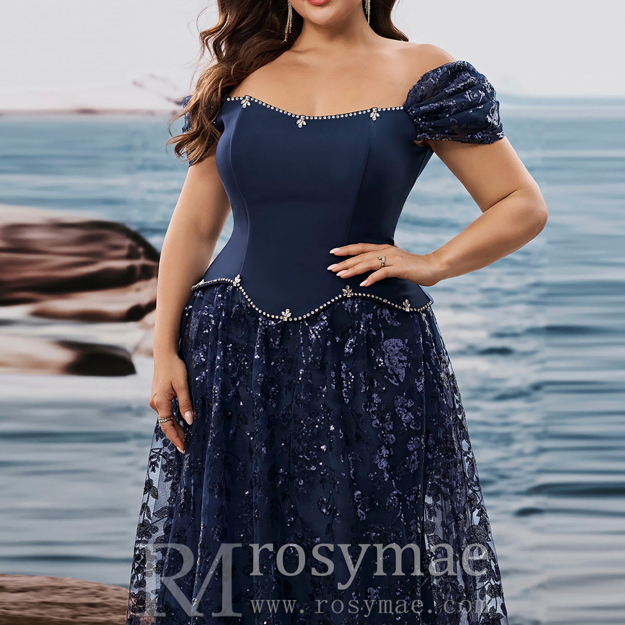 Plus Size Elegant Sequin Splicing Formal Evening Dress Women Party Gown Navy Blue / 3XL Plus Size Elegant Sequin Splicing Formal Evening Dress Women Party Gown Navy Blue / 3XL