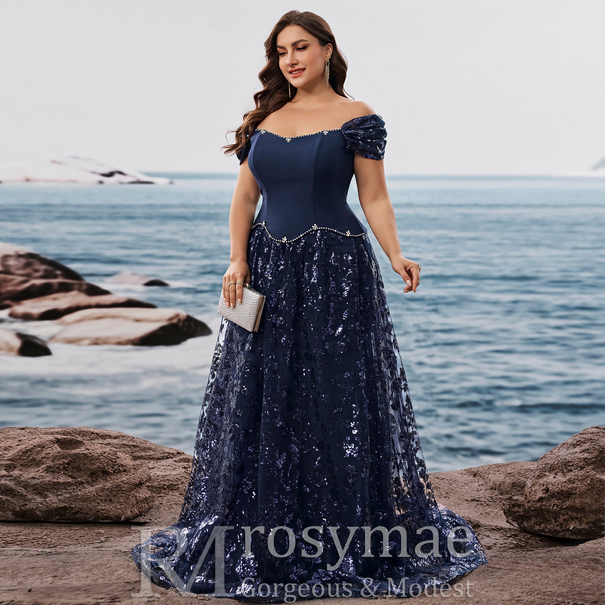 Plus Size Elegant Sequin Splicing Formal Evening Dress Women Party Gown Navy Blue / 3XL Plus Size Elegant Sequin Splicing Formal Evening Dress Women Party Gown Navy Blue / 3XL