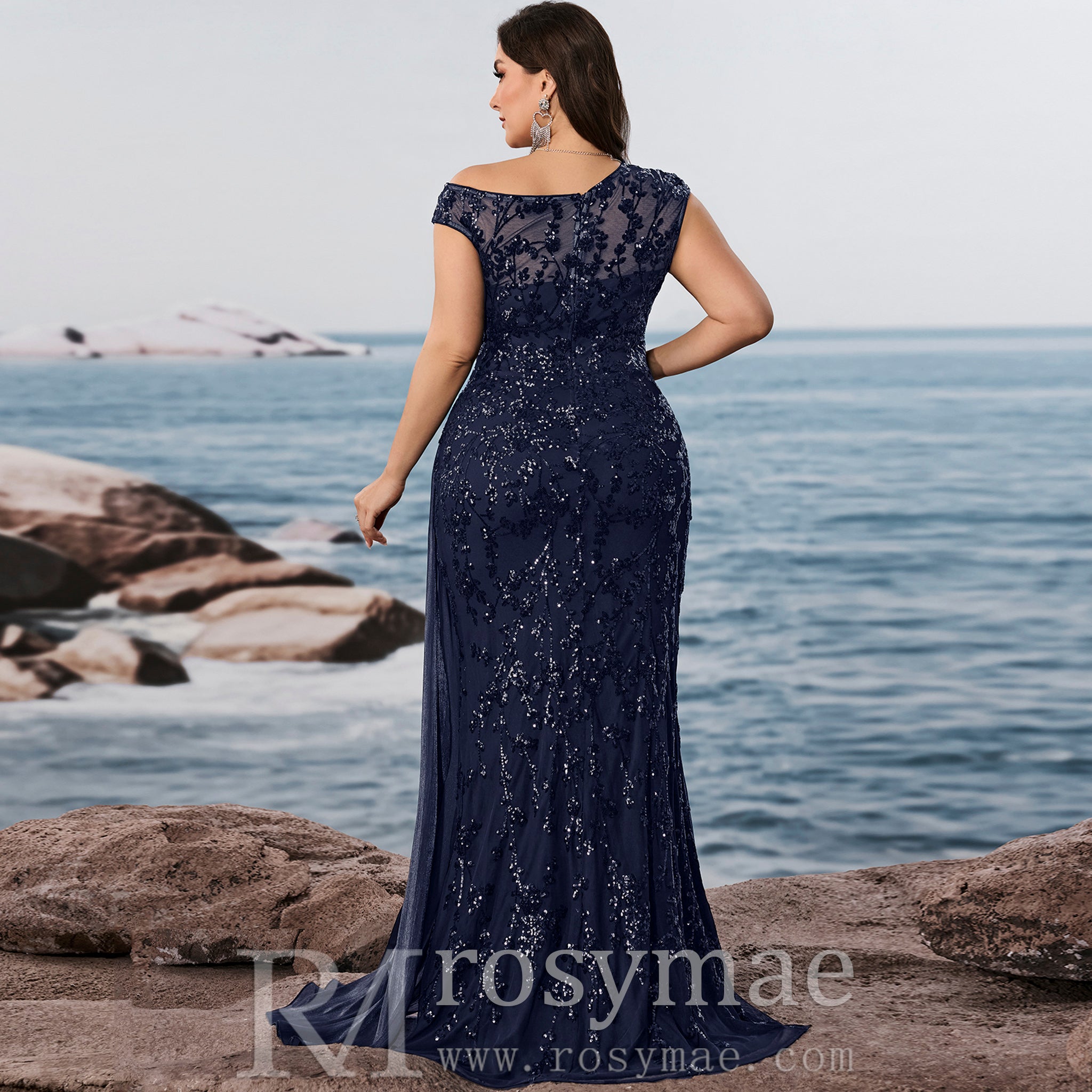Plus Size Sequins Patchwork Formal Evening Dress Mermaid Party Gowns Navy Blue / 5XL Plus Size Sequins Patchwork Formal Evening Dress Mermaid Party Gowns Navy Blue / 5XL
