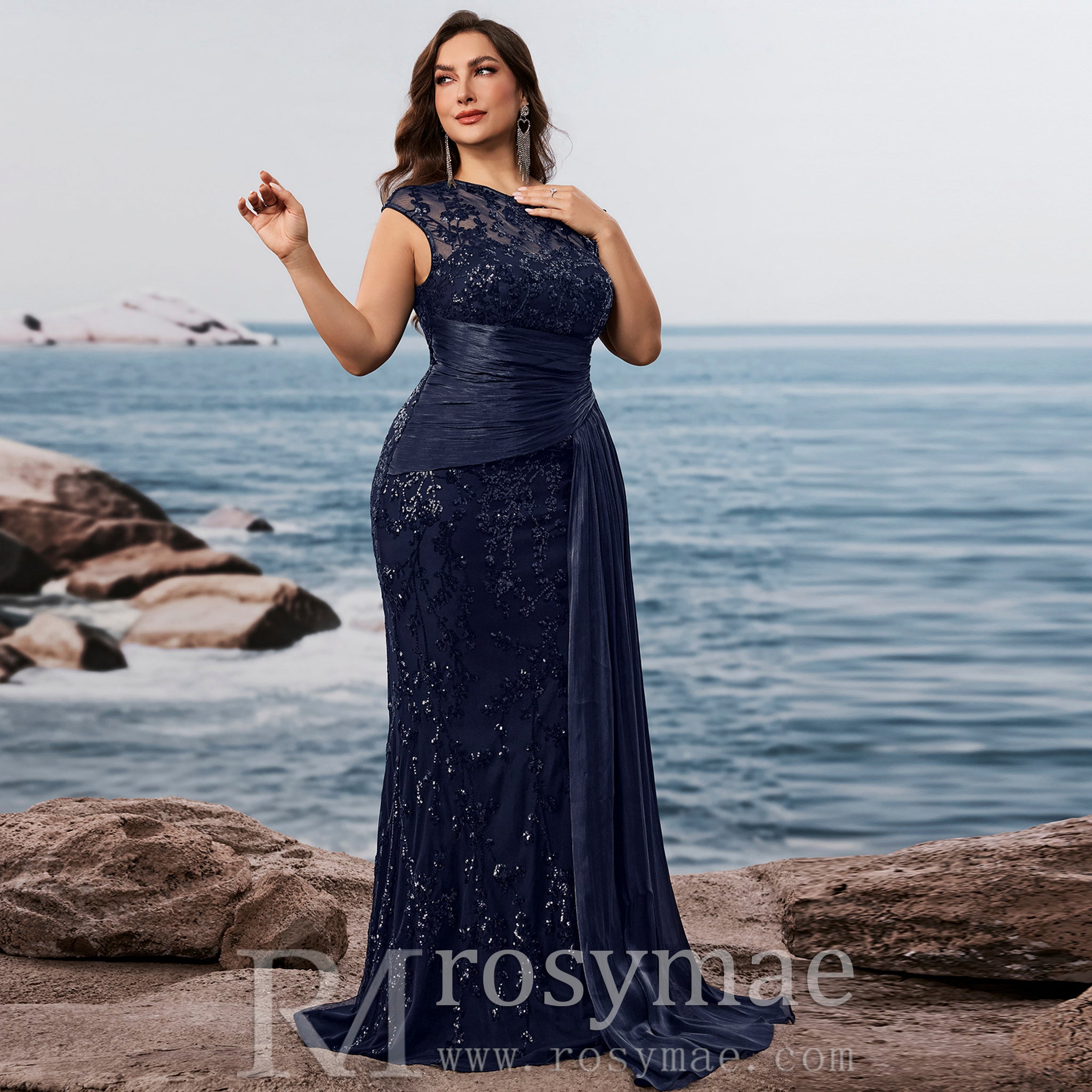 Plus Size Sequins Patchwork Formal Evening Dress Mermaid Party Gowns Navy Blue / 5XL Plus Size Sequins Patchwork Formal Evening Dress Mermaid Party Gowns Navy Blue / 5XL