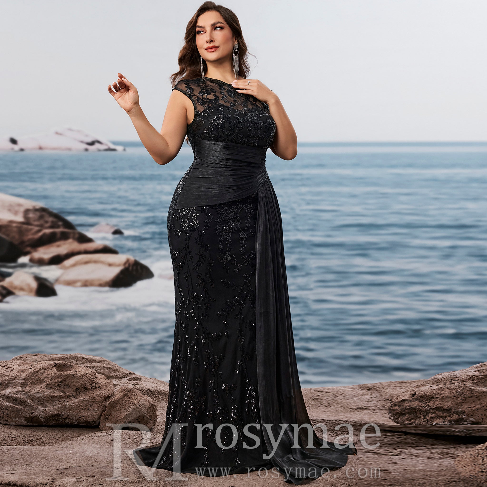 Plus Size Sequins Patchwork Formal Evening Dress Mermaid Party Gowns Navy Blue / 5XL Plus Size Sequins Patchwork Formal Evening Dress Mermaid Party Gowns Navy Blue / 5XL