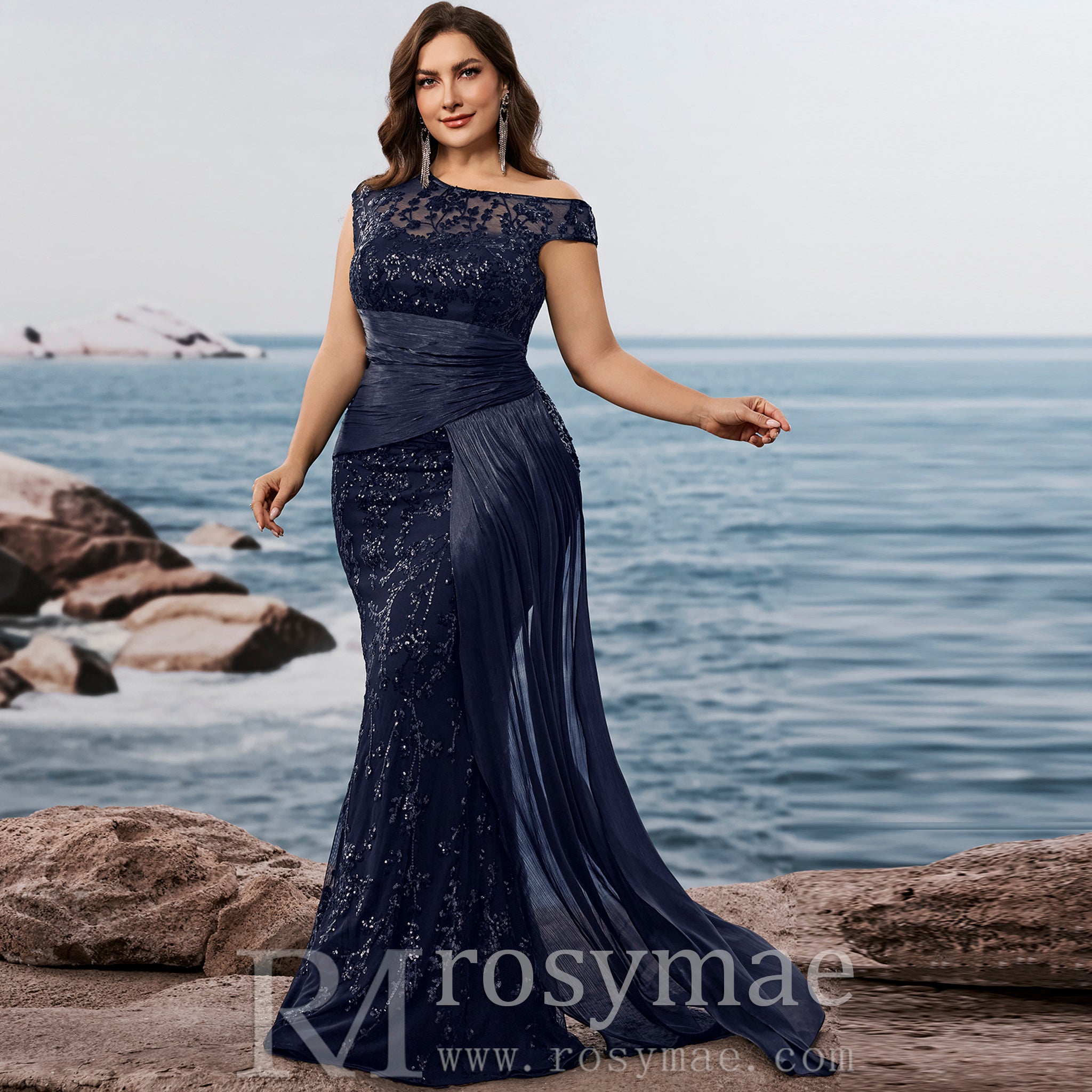 Plus Size Sequins Patchwork Formal Evening Dress Mermaid Party Gowns Navy Blue / 5XL Plus Size Sequins Patchwork Formal Evening Dress Mermaid Party Gowns Navy Blue / 5XL