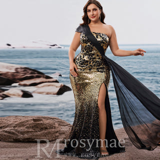 Plus Size Elegant off-shoulder Sleeveless Evening Dress with sequins and Leg Slit