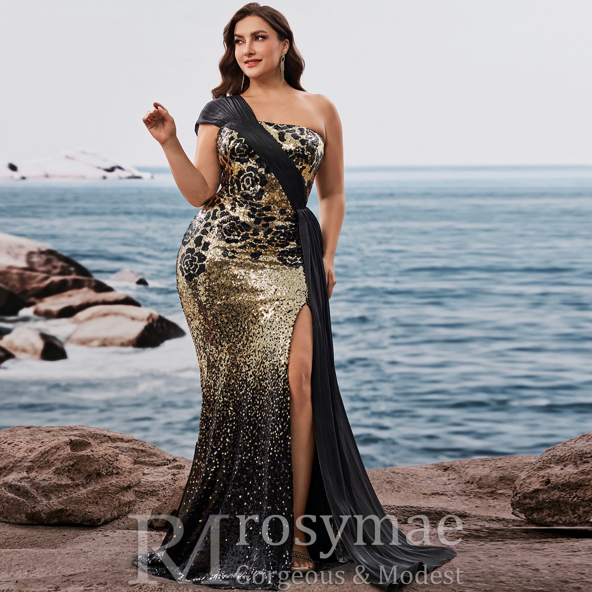 Plus Size Elegant off-shoulder Sleeveless Evening Dress with sequins and Leg Slit Black and Gold / 1XL Plus Size Elegant off-shoulder Sleeveless Evening Dress with sequins and Leg Slit Black and Gold / 1XL