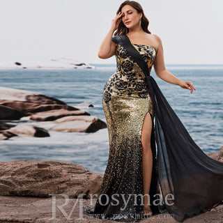 Plus Size Elegant off-shoulder Sleeveless Evening Dress with sequins and Leg Slit