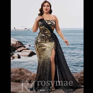 Plus Size Elegant off-shoulder Sleeveless Evening Dress with sequins and Leg Slit