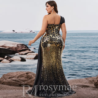 Plus Size Elegant off-shoulder Sleeveless Evening Dress with sequins and Leg Slit