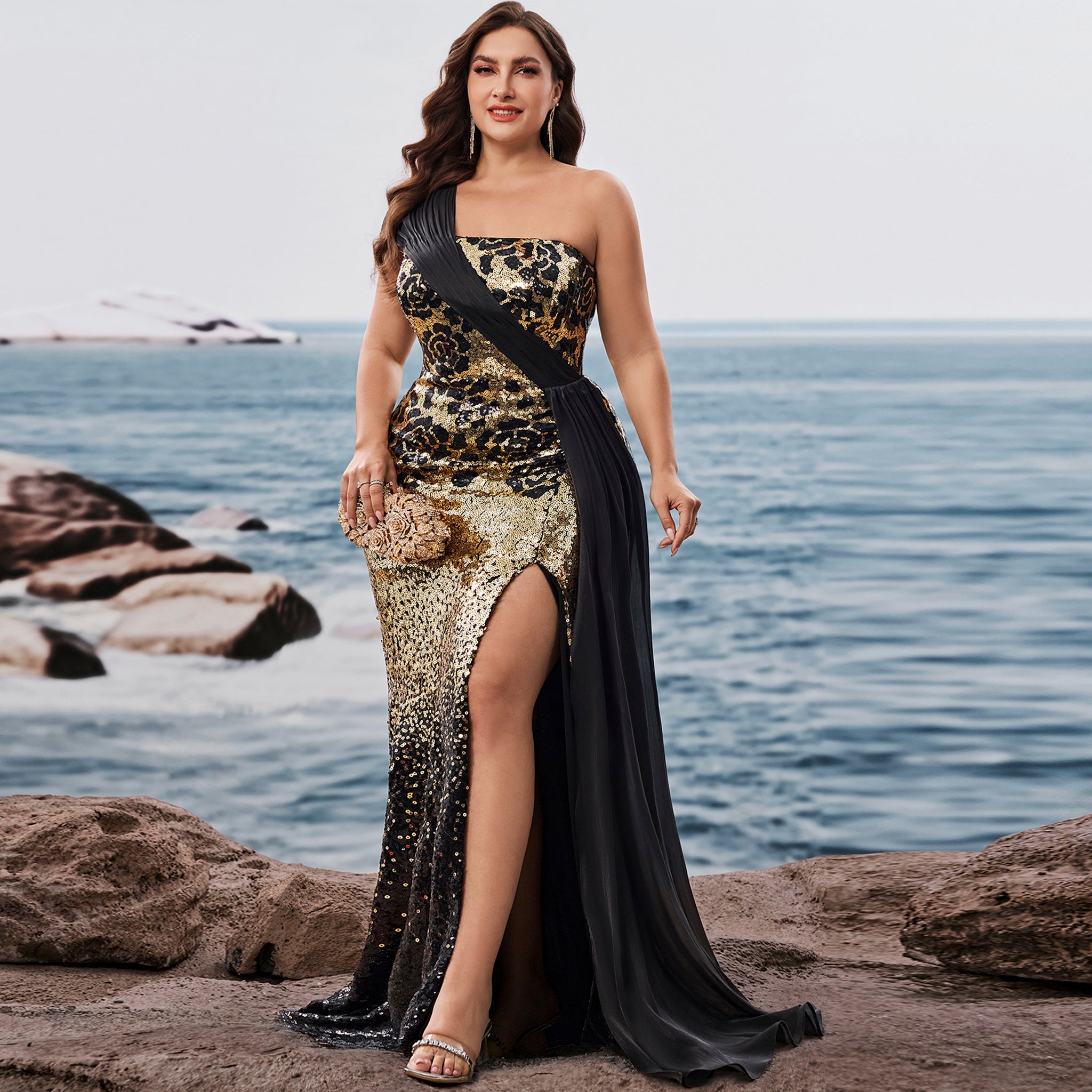Plus Size Elegant off-shoulder Sleeveless Evening Dress with sequins and Leg Slit Black and Gold / 1XL Plus Size Elegant off-shoulder Sleeveless Evening Dress with sequins and Leg Slit Black and Gold / 1XL