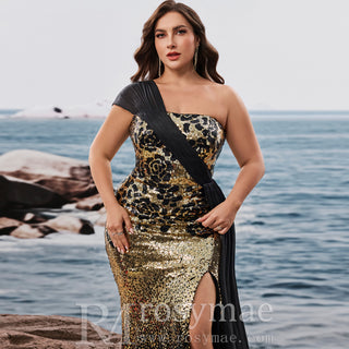 Plus Size Elegant off-shoulder Sleeveless Evening Dress with sequins and Leg Slit