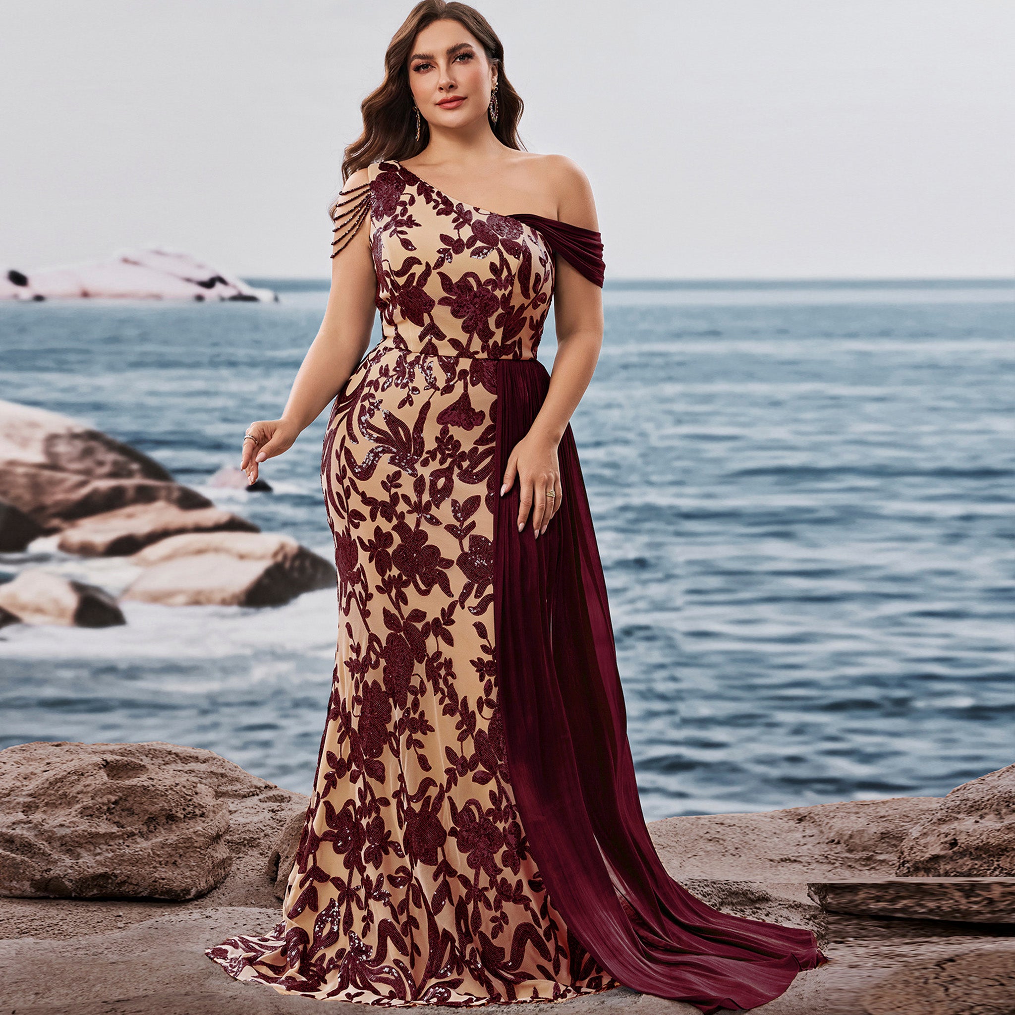 Plus Size One Shoulder Floral Mermaid Prom Gown with Draped Chiffon Burgundy / 2XL Plus Size One Shoulder Floral Mermaid Prom Gown with Draped Chiffon Burgundy / 2XL