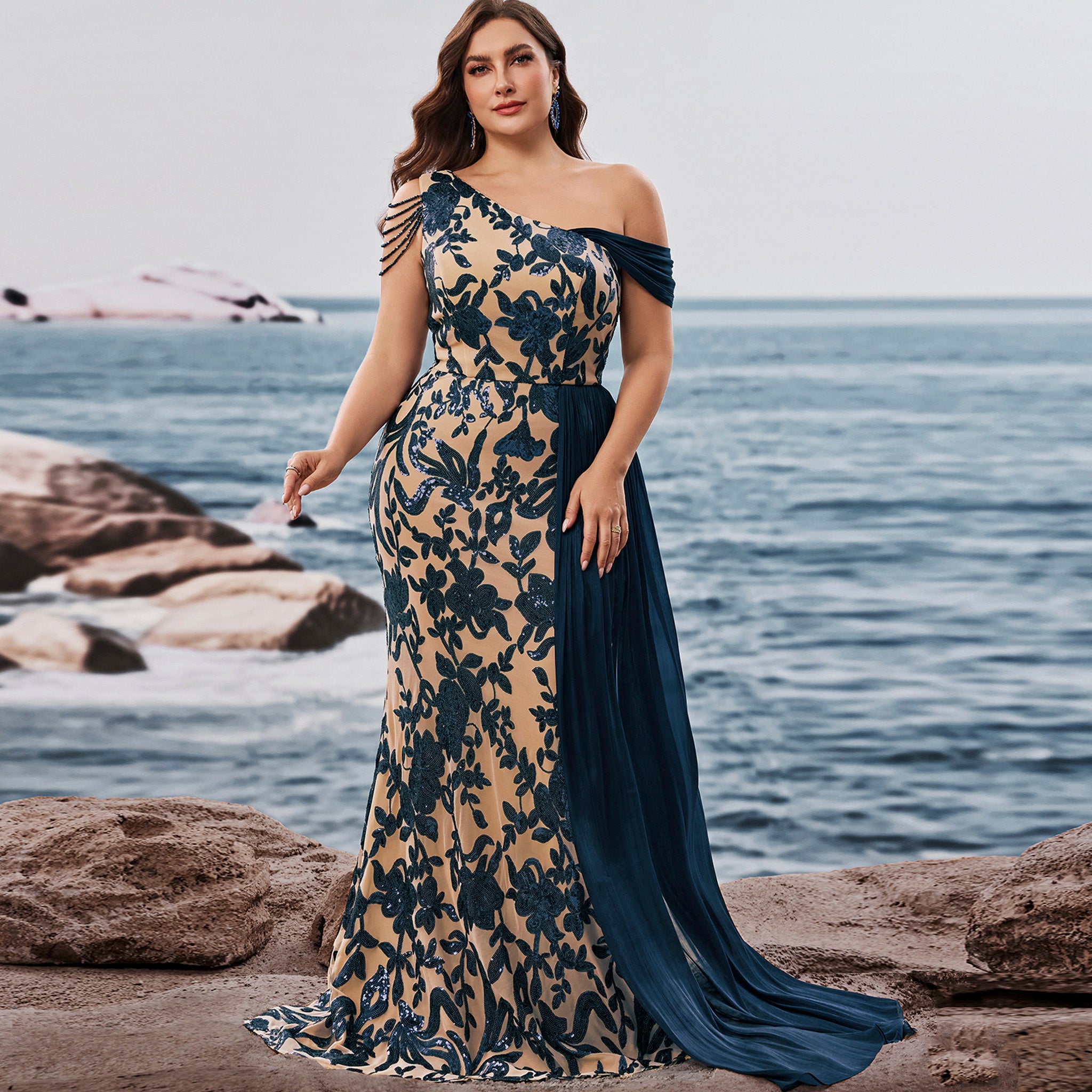 Plus Size One Shoulder Floral Mermaid Prom Gown with Draped Chiffon Steel Blue / 2XL Plus Size One Shoulder Floral Mermaid Prom Gown with Draped Chiffon Steel Blue / 2XL