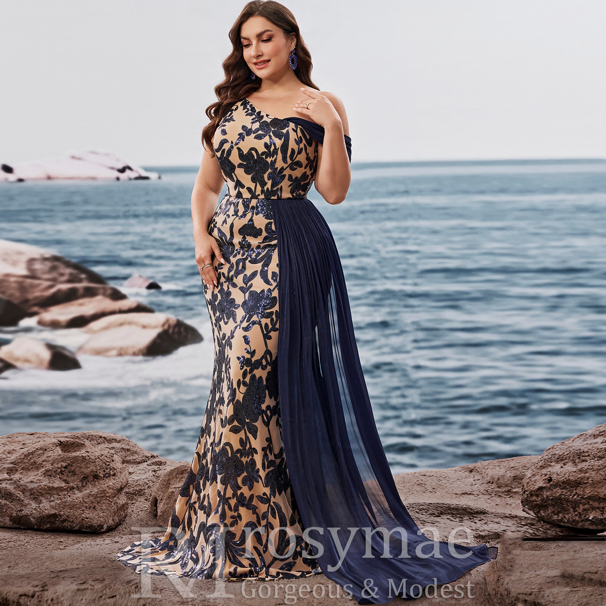 Plus Size One Shoulder Floral Mermaid Prom Gown with Draped Chiffon Navy Blue / 3XL Plus Size One Shoulder Floral Mermaid Prom Gown with Draped Chiffon Navy Blue / 3XL