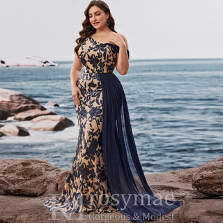 Plus Size One Shoulder Floral Mermaid Prom Gown with Draped Chiffon